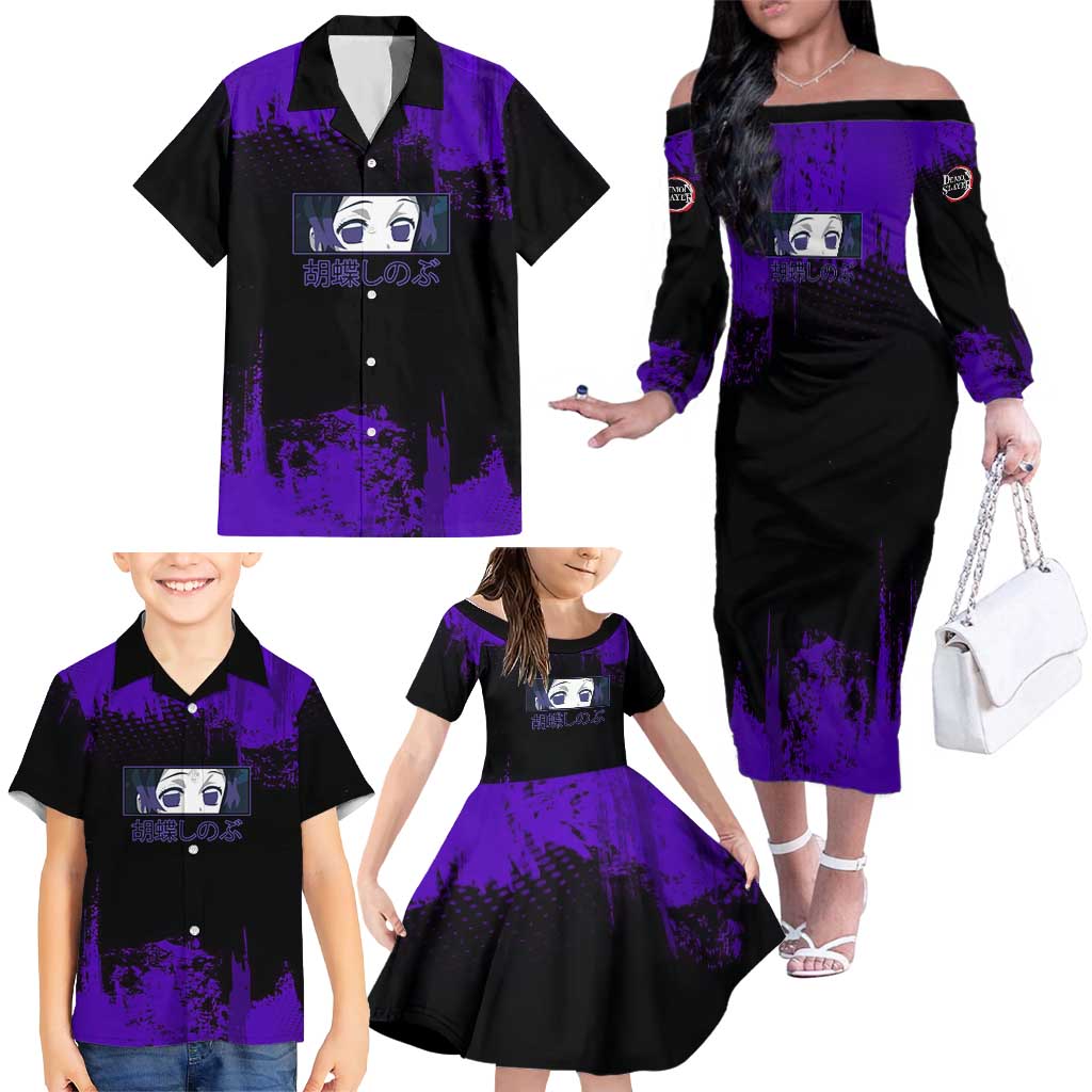 Shinobu Kocho Demon Slayer Purple Grunge Design Family Matching Off The Shoulder Long Sleeve Dress and Hawaiian Shirt with Butterfly Theme and Calm Expression