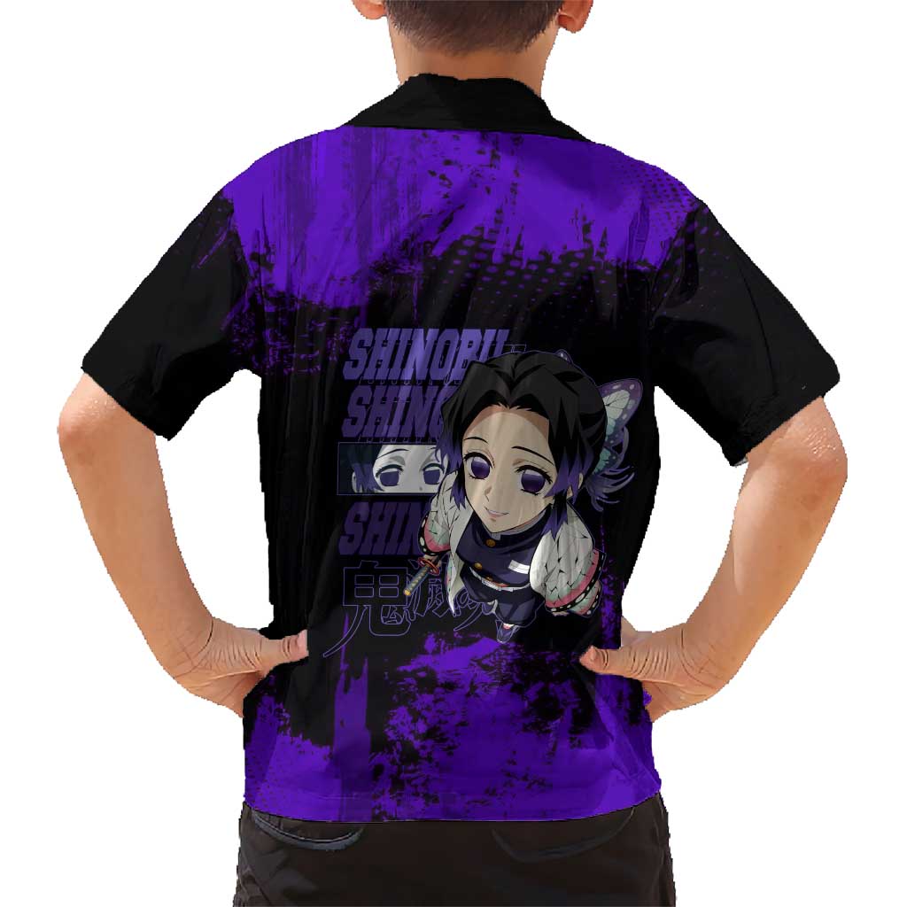 Shinobu Kocho Demon Slayer Purple Grunge Design Family Matching Off The Shoulder Long Sleeve Dress and Hawaiian Shirt with Butterfly Theme and Calm Expression