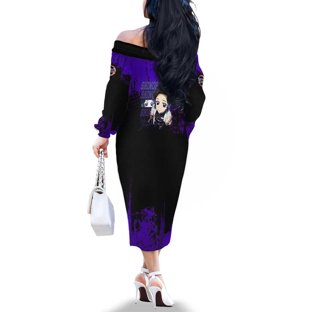 Shinobu Kocho Demon Slayer Purple Grunge Design Family Matching Off The Shoulder Long Sleeve Dress and Hawaiian Shirt with Butterfly Theme and Calm Expression