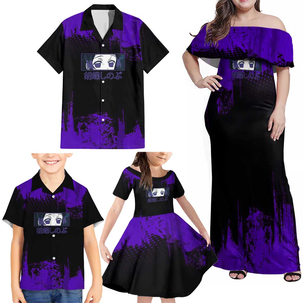 Shinobu Kocho Demon Slayer Purple Grunge Design Family Matching Off Shoulder Maxi Dress and Hawaiian Shirt with Butterfly Theme and Calm Expression