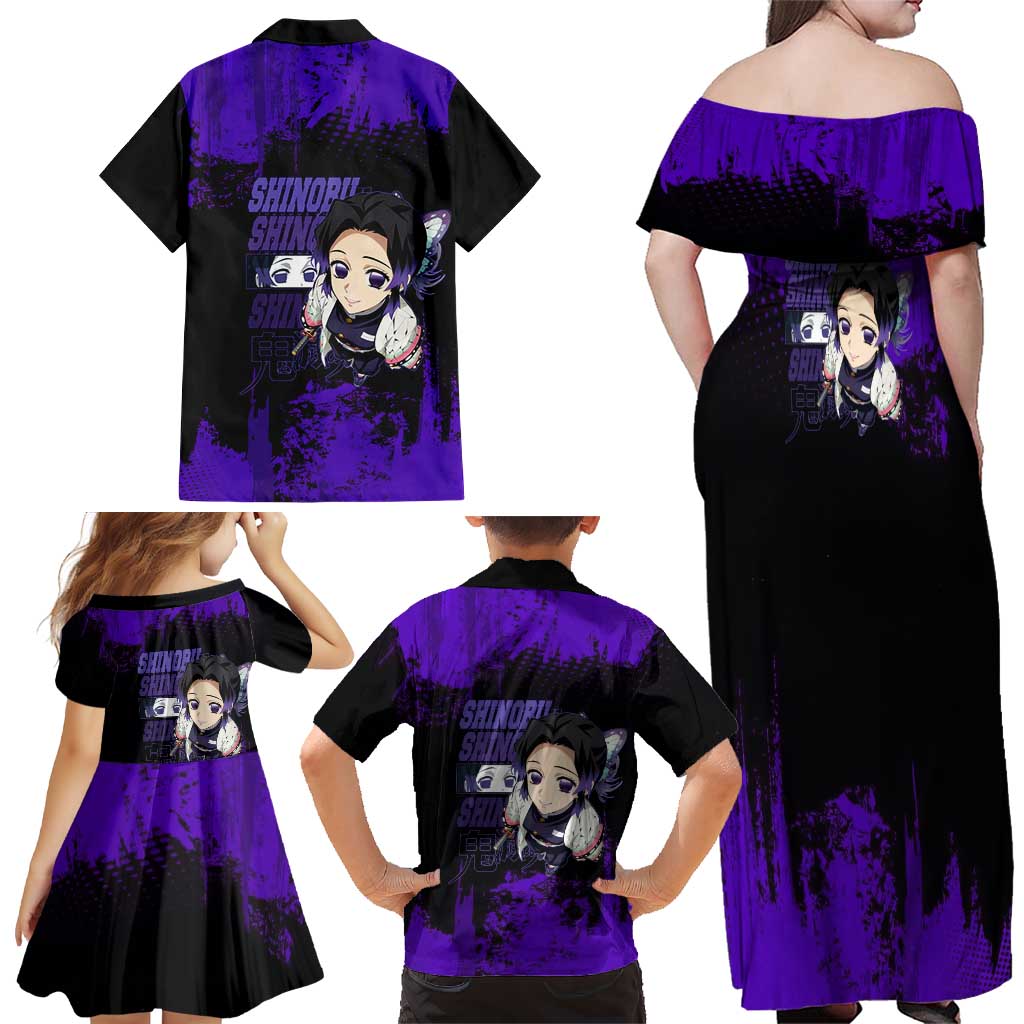 Shinobu Kocho Demon Slayer Purple Grunge Design Family Matching Off Shoulder Maxi Dress and Hawaiian Shirt with Butterfly Theme and Calm Expression