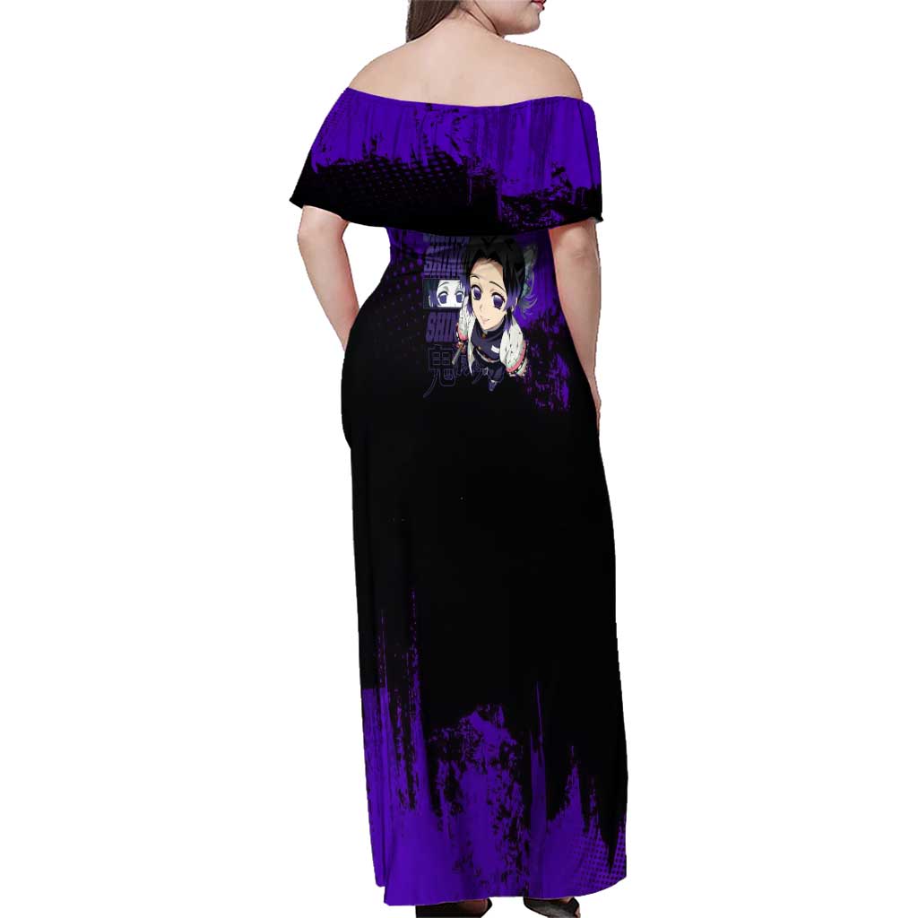 Shinobu Kocho Demon Slayer Purple Grunge Design Family Matching Off Shoulder Maxi Dress and Hawaiian Shirt with Butterfly Theme and Calm Expression