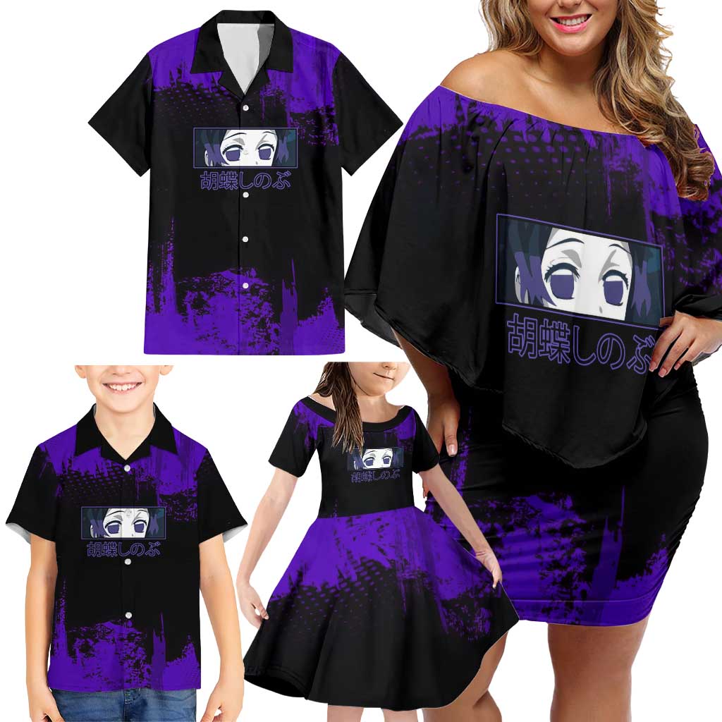 Shinobu Kocho Demon Slayer Purple Grunge Design Family Matching Off Shoulder Short Dress and Hawaiian Shirt with Butterfly Theme and Calm Expression