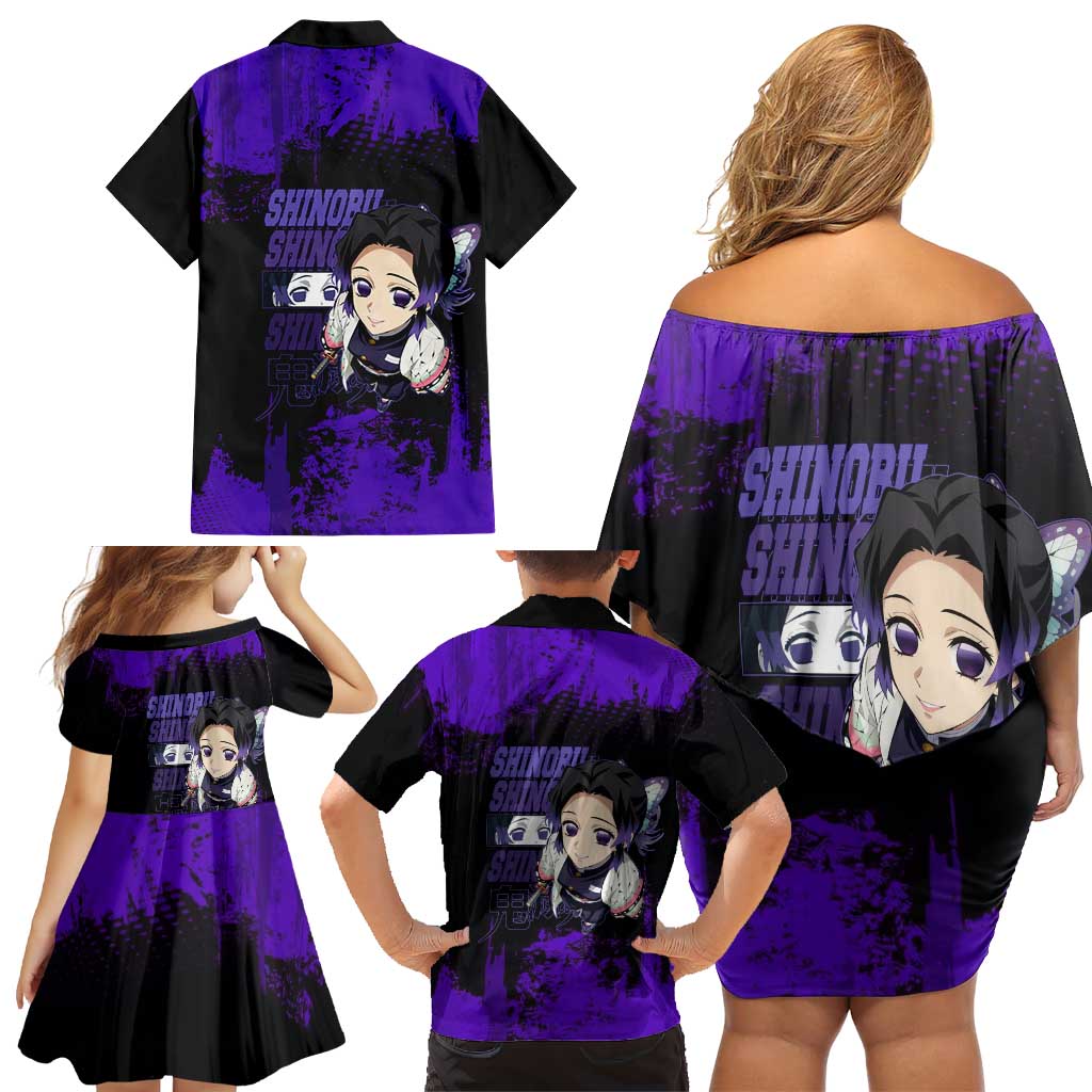 Shinobu Kocho Demon Slayer Purple Grunge Design Family Matching Off Shoulder Short Dress and Hawaiian Shirt with Butterfly Theme and Calm Expression