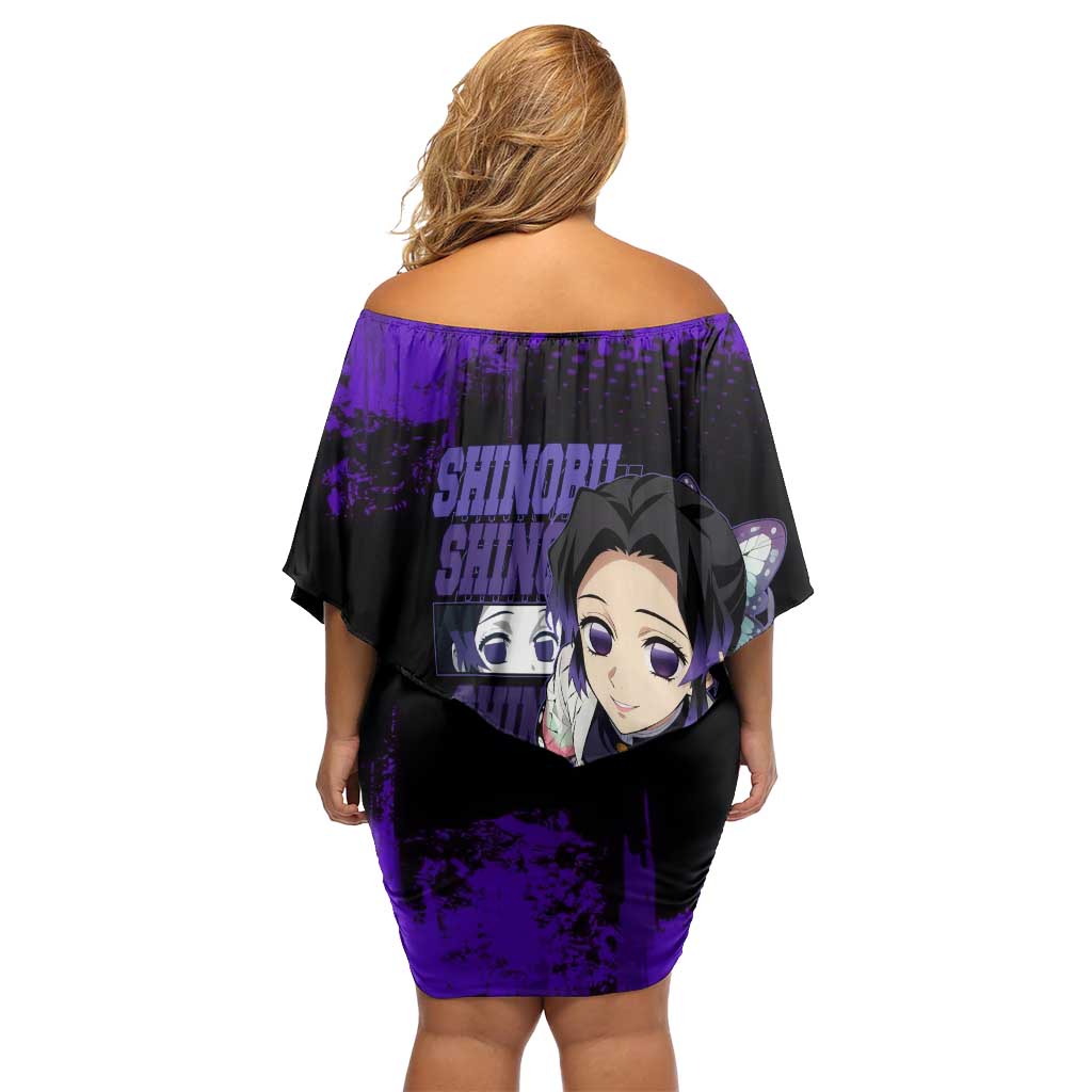 Shinobu Kocho Demon Slayer Purple Grunge Design Family Matching Off Shoulder Short Dress and Hawaiian Shirt with Butterfly Theme and Calm Expression