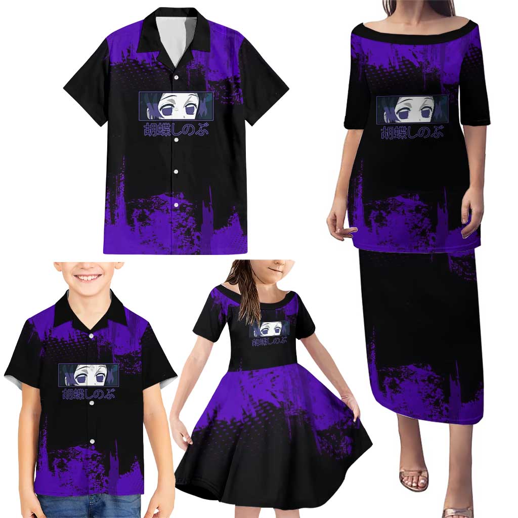 Shinobu Kocho Demon Slayer Purple Grunge Design Family Matching Puletasi and Hawaiian Shirt with Butterfly Theme and Calm Expression