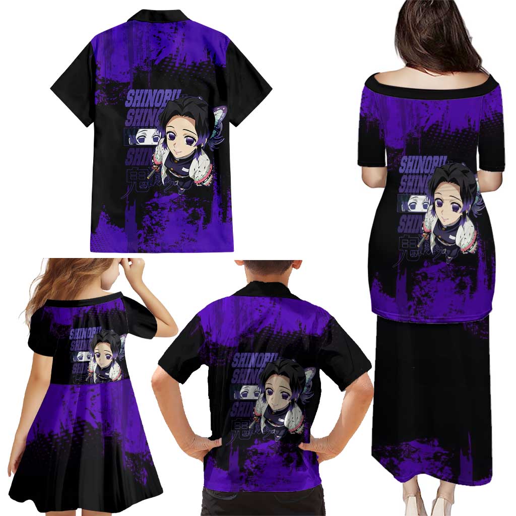 Shinobu Kocho Demon Slayer Purple Grunge Design Family Matching Puletasi and Hawaiian Shirt with Butterfly Theme and Calm Expression