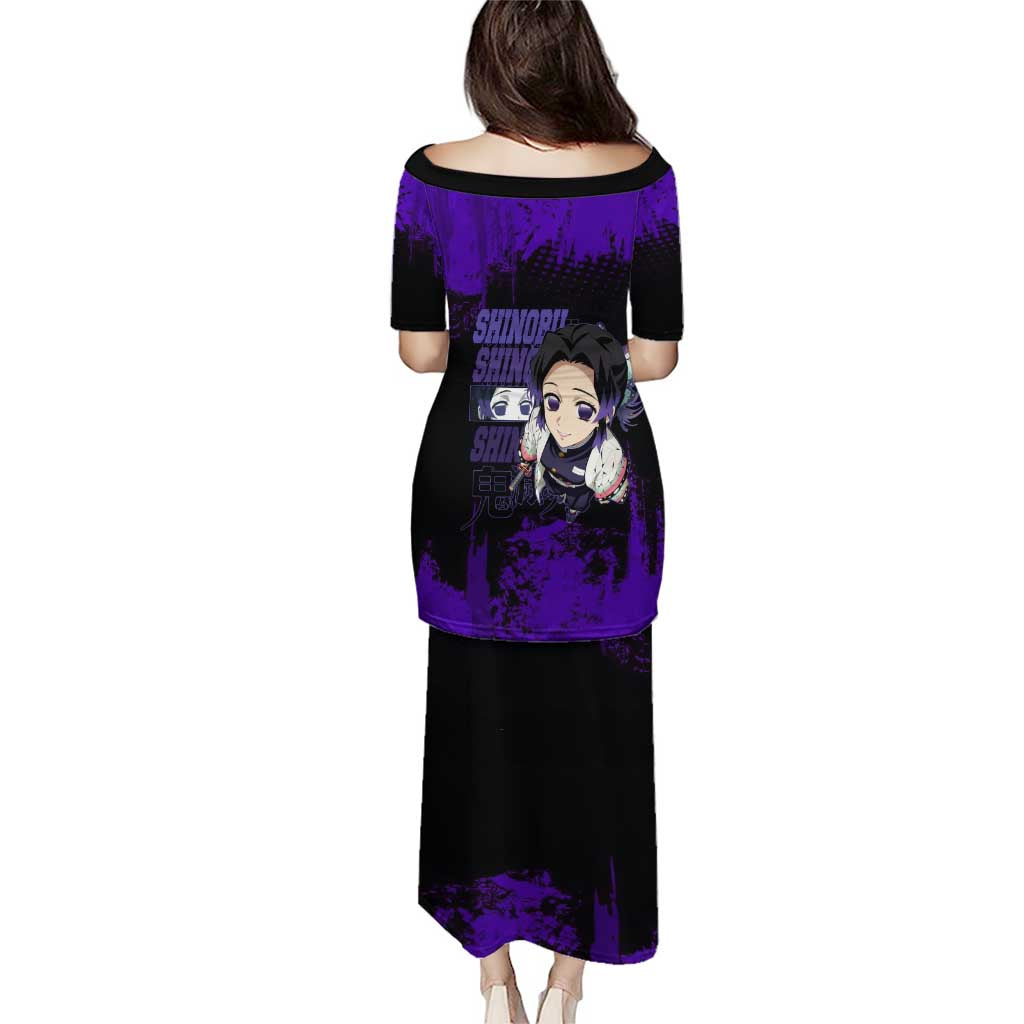 Shinobu Kocho Demon Slayer Purple Grunge Design Family Matching Puletasi and Hawaiian Shirt with Butterfly Theme and Calm Expression