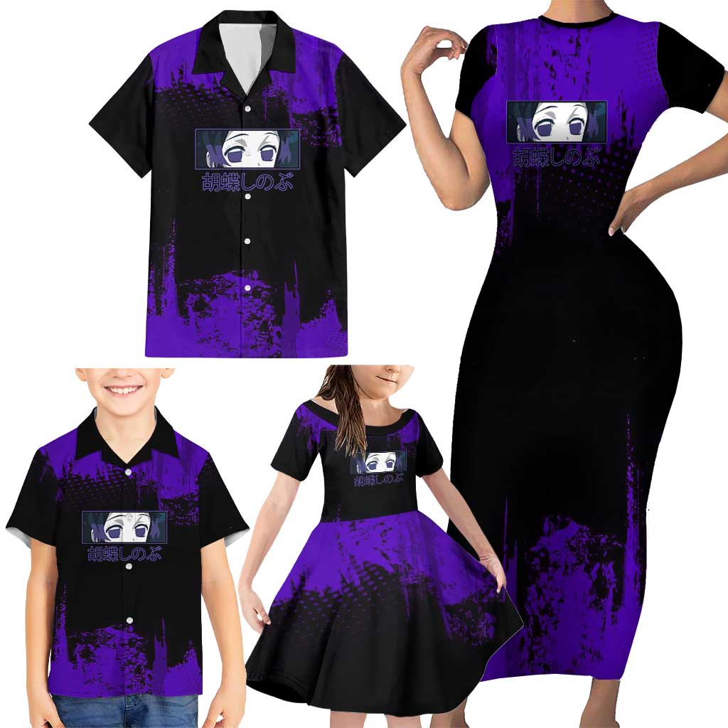 Shinobu Kocho Demon Slayer Purple Grunge Design Family Matching Short Sleeve Bodycon Dress and Hawaiian Shirt with Butterfly Theme and Calm Expression