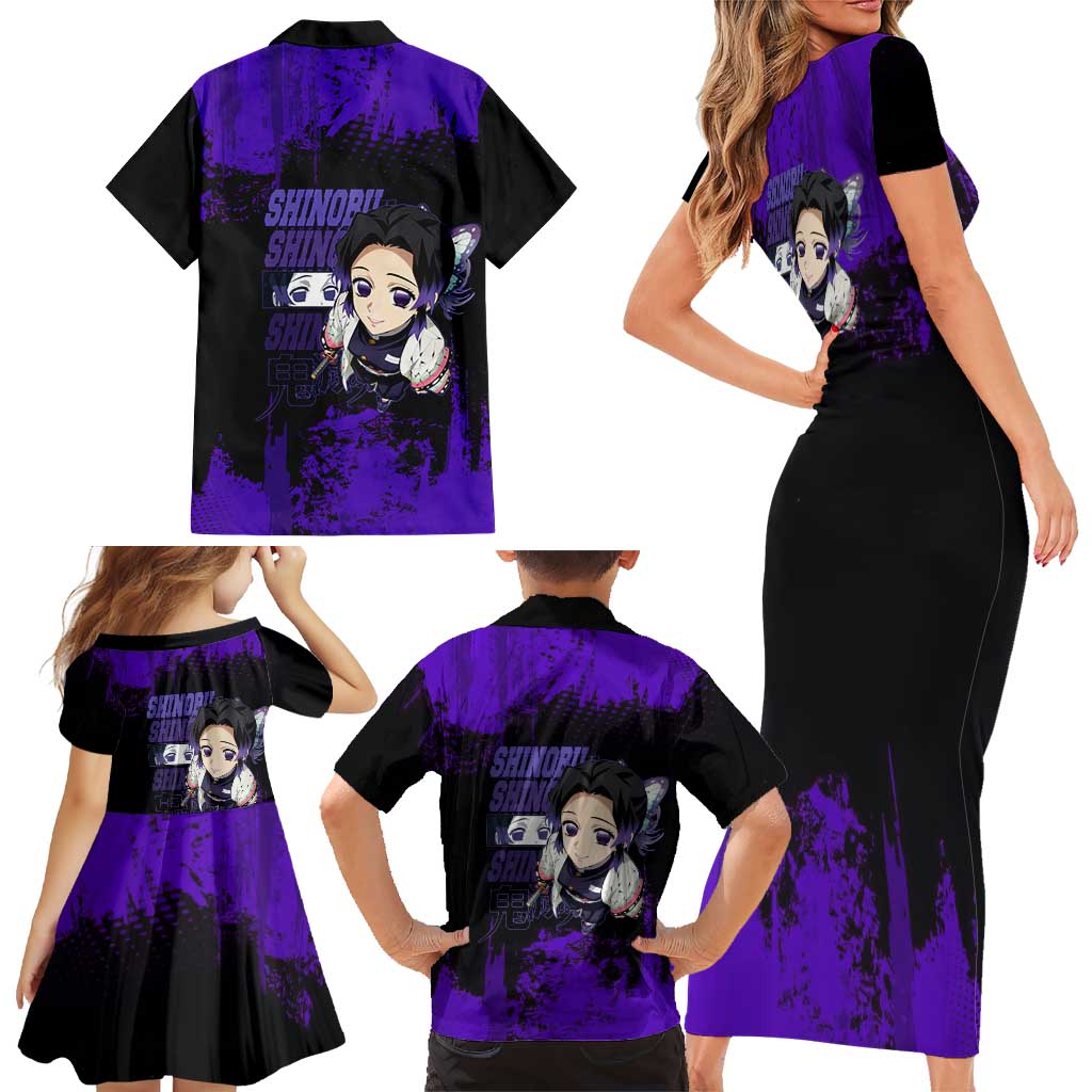 Shinobu Kocho Demon Slayer Purple Grunge Design Family Matching Short Sleeve Bodycon Dress and Hawaiian Shirt with Butterfly Theme and Calm Expression