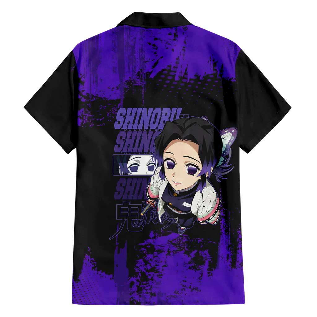 Shinobu Kocho Demon Slayer Purple Grunge Design Family Matching Short Sleeve Bodycon Dress and Hawaiian Shirt with Butterfly Theme and Calm Expression