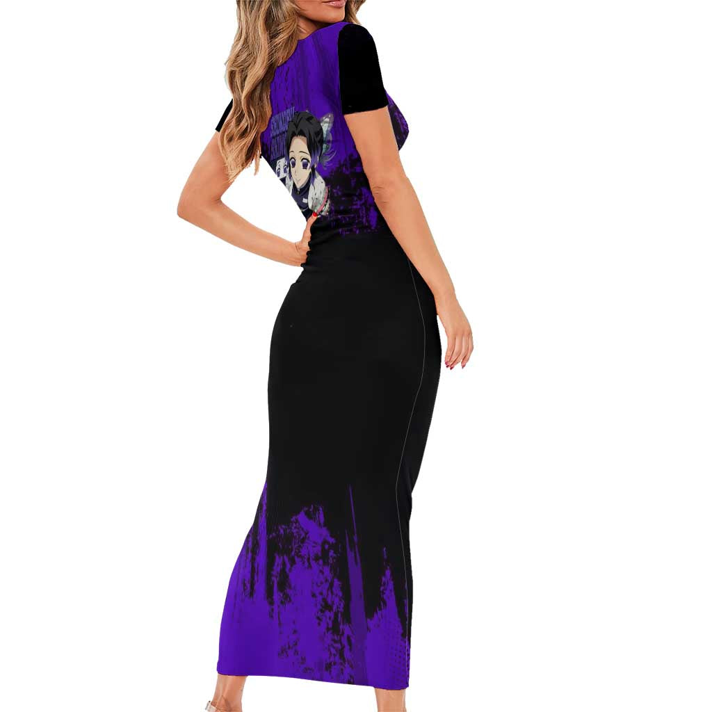 Shinobu Kocho Demon Slayer Purple Grunge Design Family Matching Short Sleeve Bodycon Dress and Hawaiian Shirt with Butterfly Theme and Calm Expression