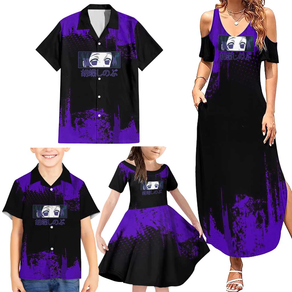 Shinobu Kocho Demon Slayer Purple Grunge Design Family Matching Summer Maxi Dress and Hawaiian Shirt with Butterfly Theme and Calm Expression
