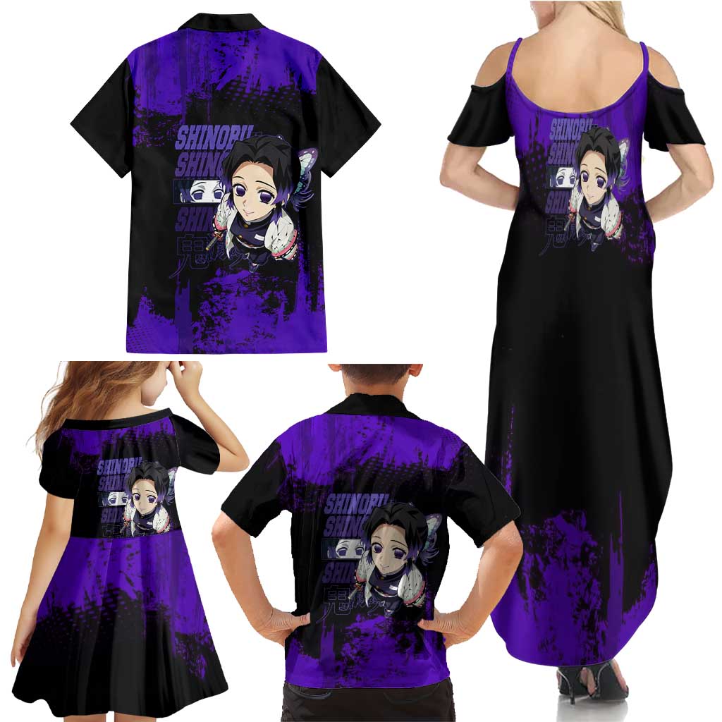Shinobu Kocho Demon Slayer Purple Grunge Design Family Matching Summer Maxi Dress and Hawaiian Shirt with Butterfly Theme and Calm Expression