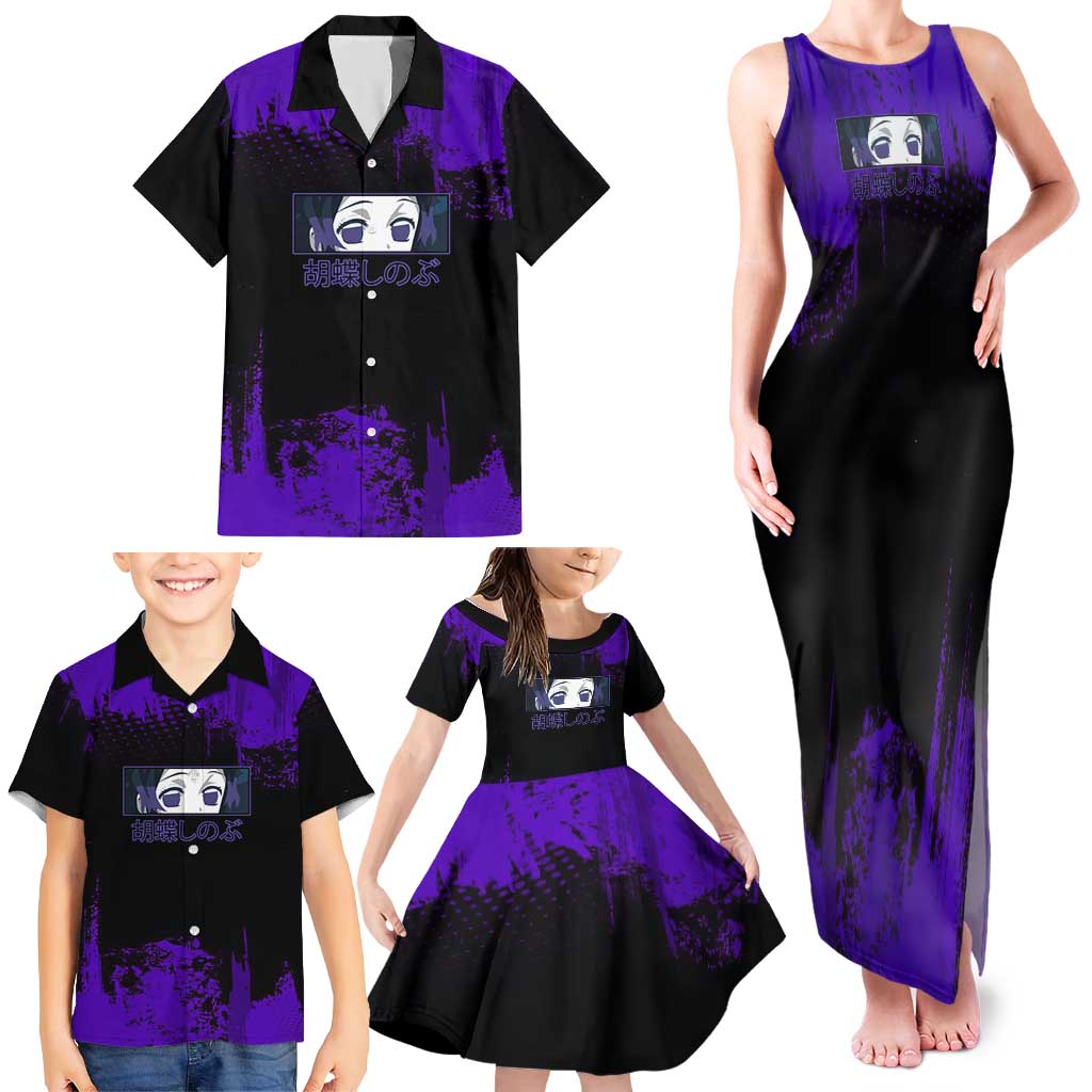 Shinobu Kocho Demon Slayer Purple Grunge Design Family Matching Tank Maxi Dress and Hawaiian Shirt with Butterfly Theme and Calm Expression