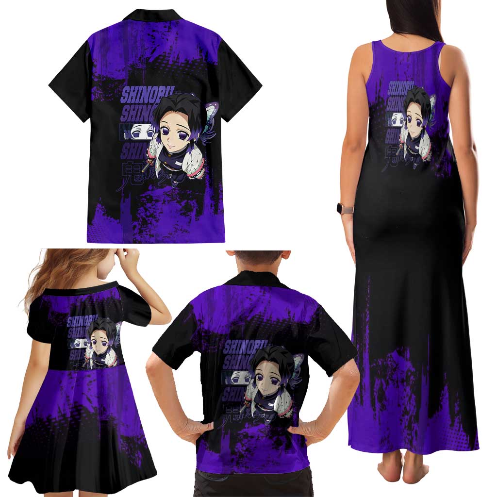 Shinobu Kocho Demon Slayer Purple Grunge Design Family Matching Tank Maxi Dress and Hawaiian Shirt with Butterfly Theme and Calm Expression