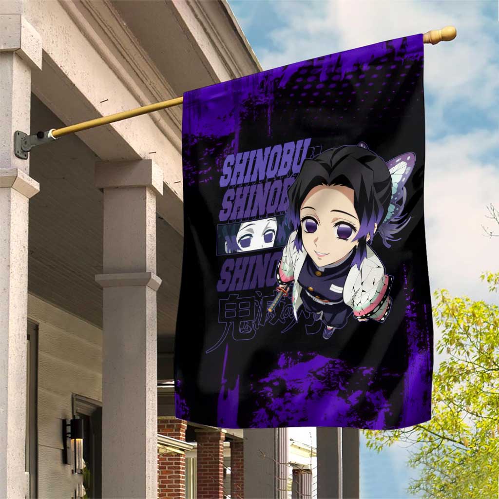 Shinobu Kocho Demon Slayer Purple Grunge Design Garden Flag with Butterfly Theme and Calm Expression - The Mazicc