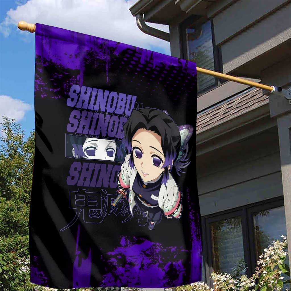 Shinobu Kocho Demon Slayer Purple Grunge Design Garden Flag with Butterfly Theme and Calm Expression - The Mazicc