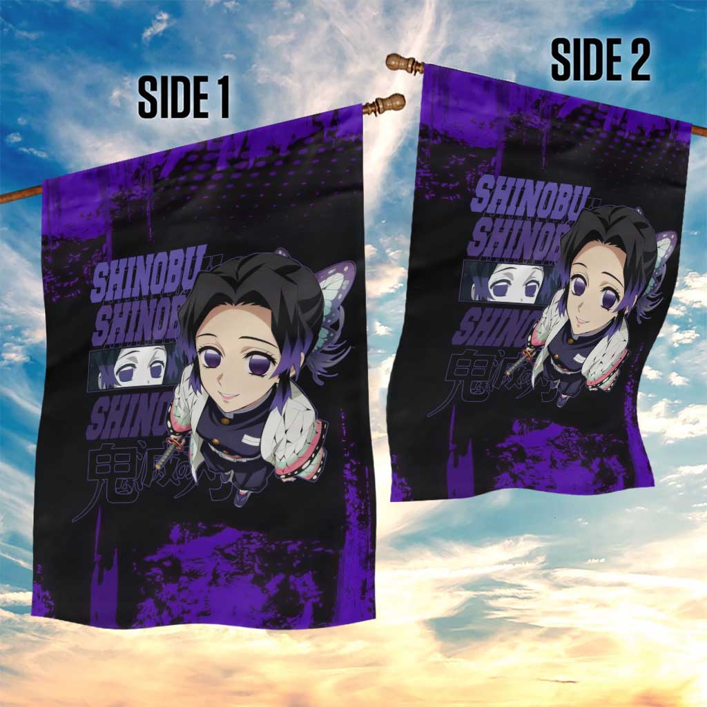 Shinobu Kocho Demon Slayer Purple Grunge Design Garden Flag with Butterfly Theme and Calm Expression - The Mazicc