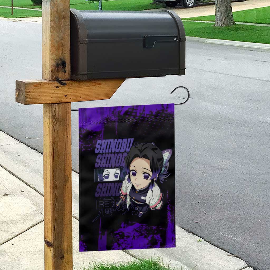 Shinobu Kocho Demon Slayer Purple Grunge Design Garden Flag with Butterfly Theme and Calm Expression - The Mazicc