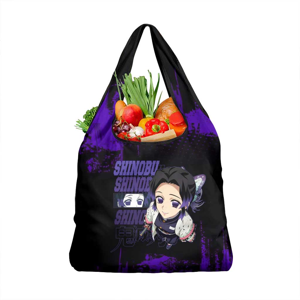 Shinobu Kocho Demon Slayer Purple Grunge Design Grocery Bag with Butterfly Theme and Calm Expression - The Mazicc
