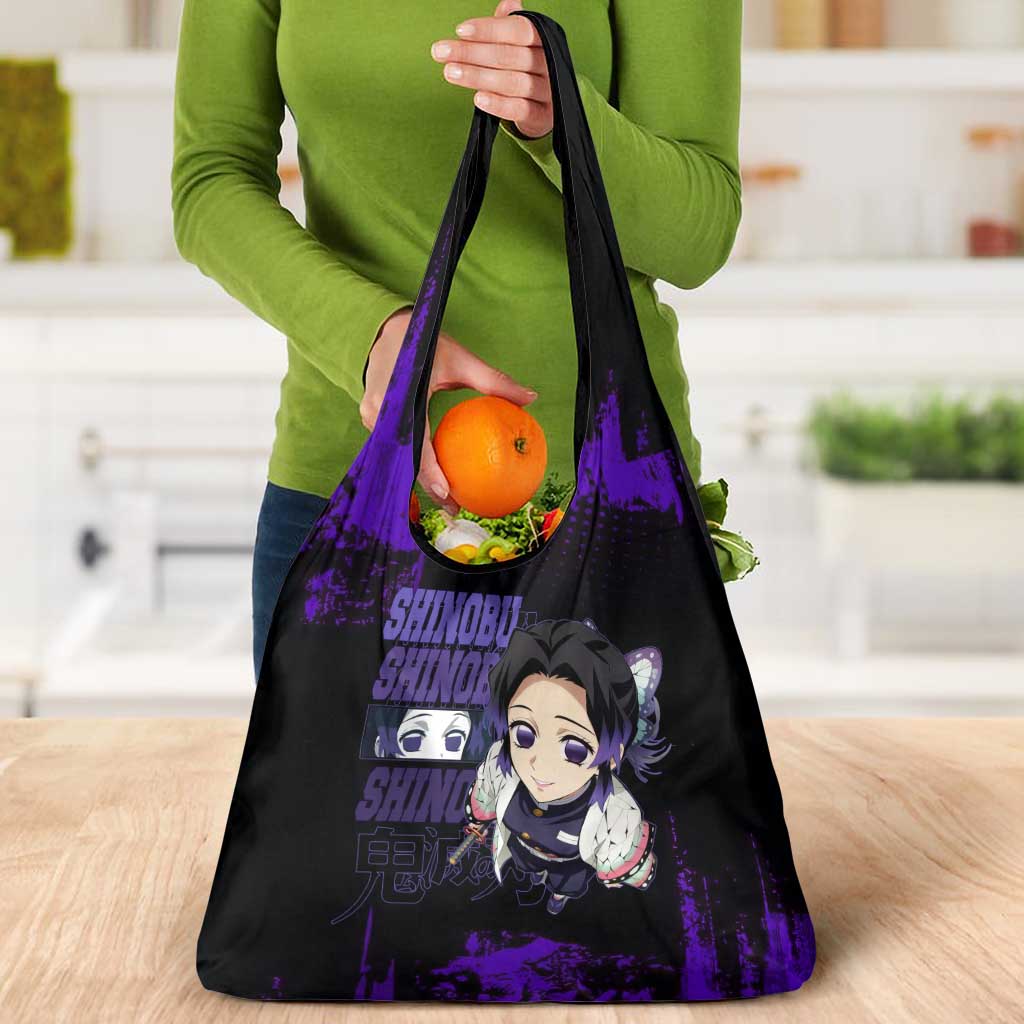 Shinobu Kocho Demon Slayer Purple Grunge Design Grocery Bag with Butterfly Theme and Calm Expression - The Mazicc