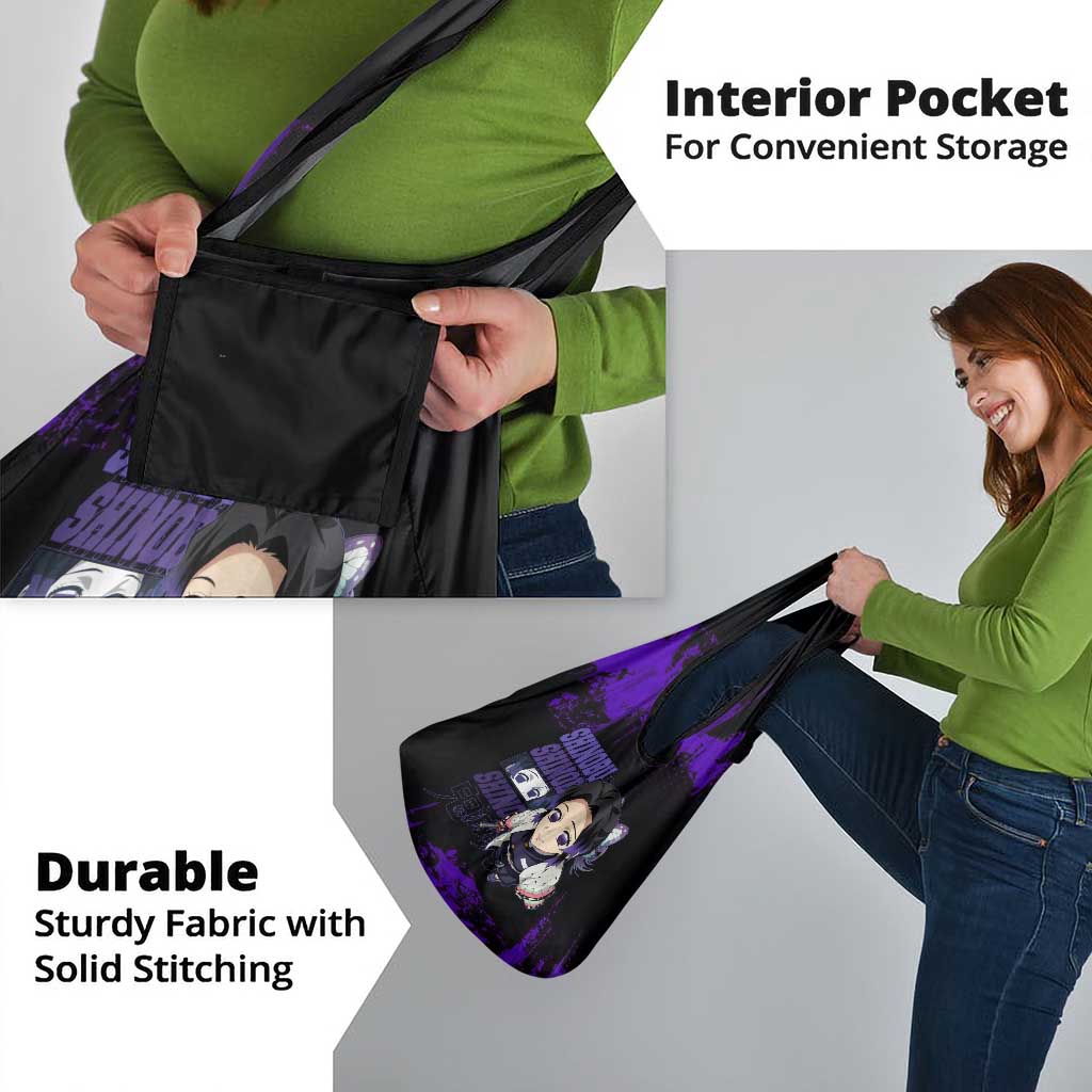Shinobu Kocho Demon Slayer Purple Grunge Design Grocery Bag with Butterfly Theme and Calm Expression - The Mazicc