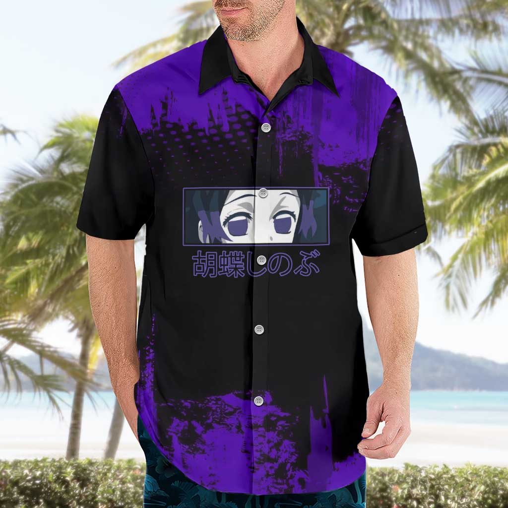 Shinobu Kocho Demon Slayer Purple Grunge Design Hawaiian Shirt with Butterfly Theme and Calm Expression - The Mazicc