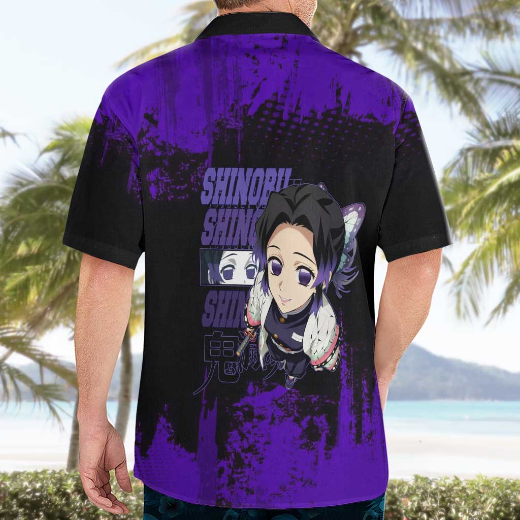Shinobu Kocho Demon Slayer Purple Grunge Design Hawaiian Shirt with Butterfly Theme and Calm Expression - The Mazicc