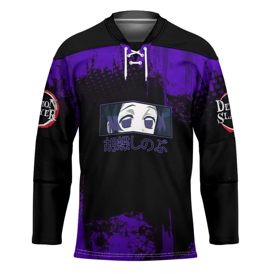 Shinobu Kocho Demon Slayer Purple Grunge Design Hockey Jersey with Butterfly Theme and Calm Expression - The Mazicc