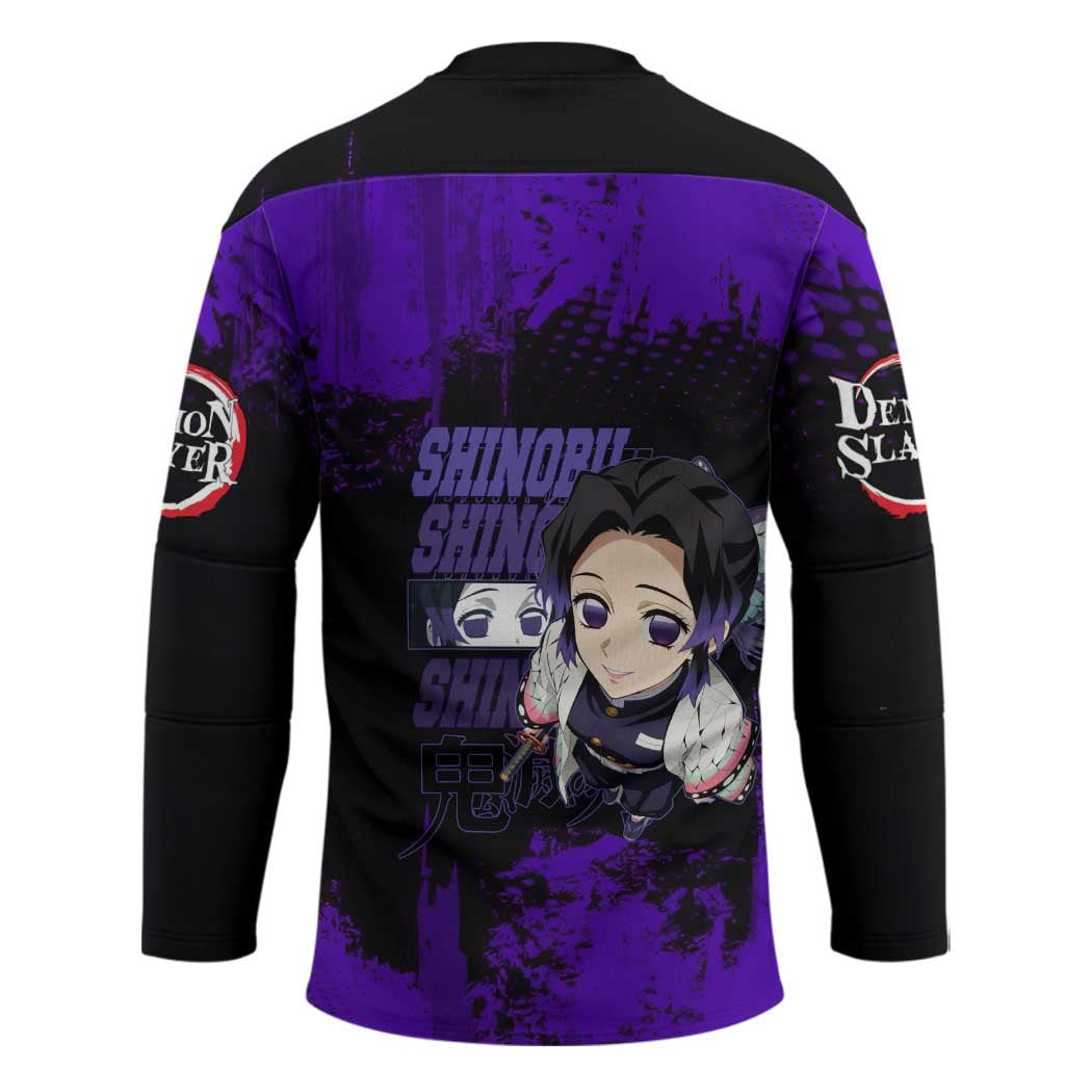 Shinobu Kocho Demon Slayer Purple Grunge Design Hockey Jersey with Butterfly Theme and Calm Expression - The Mazicc