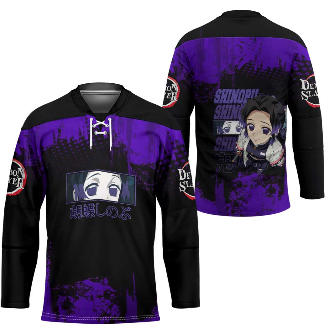 Shinobu Kocho Demon Slayer Purple Grunge Design Hockey Jersey with Butterfly Theme and Calm Expression - The Mazicc