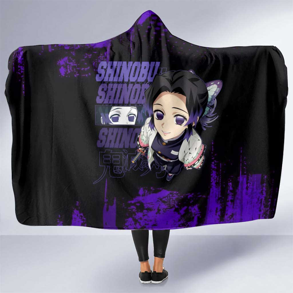 Shinobu Kocho Demon Slayer Purple Grunge Design Hooded Blanket with Butterfly Theme and Calm Expression - The Mazicc