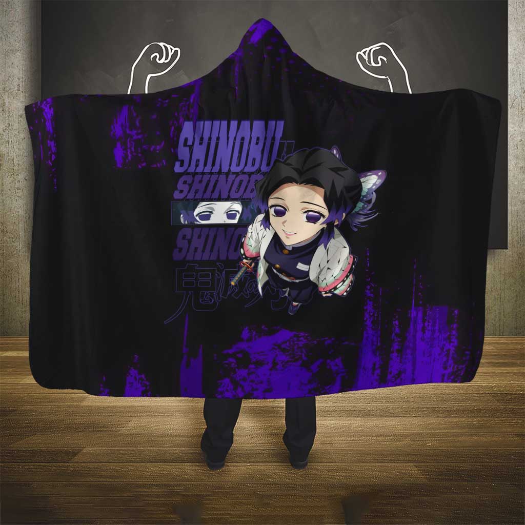 Shinobu Kocho Demon Slayer Purple Grunge Design Hooded Blanket with Butterfly Theme and Calm Expression - The Mazicc