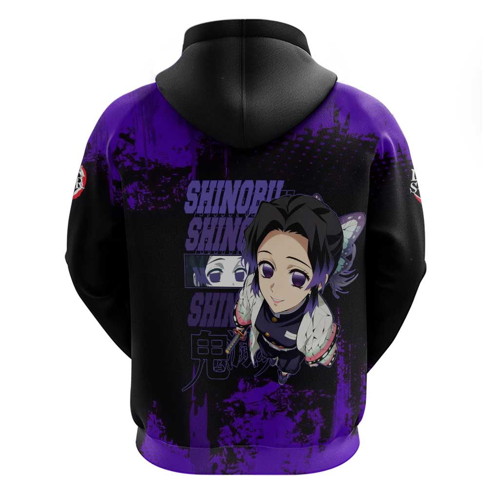 Shinobu Kocho Demon Slayer Purple Grunge Design Hoodie with Butterfly Theme and Calm Expression - The Mazicc