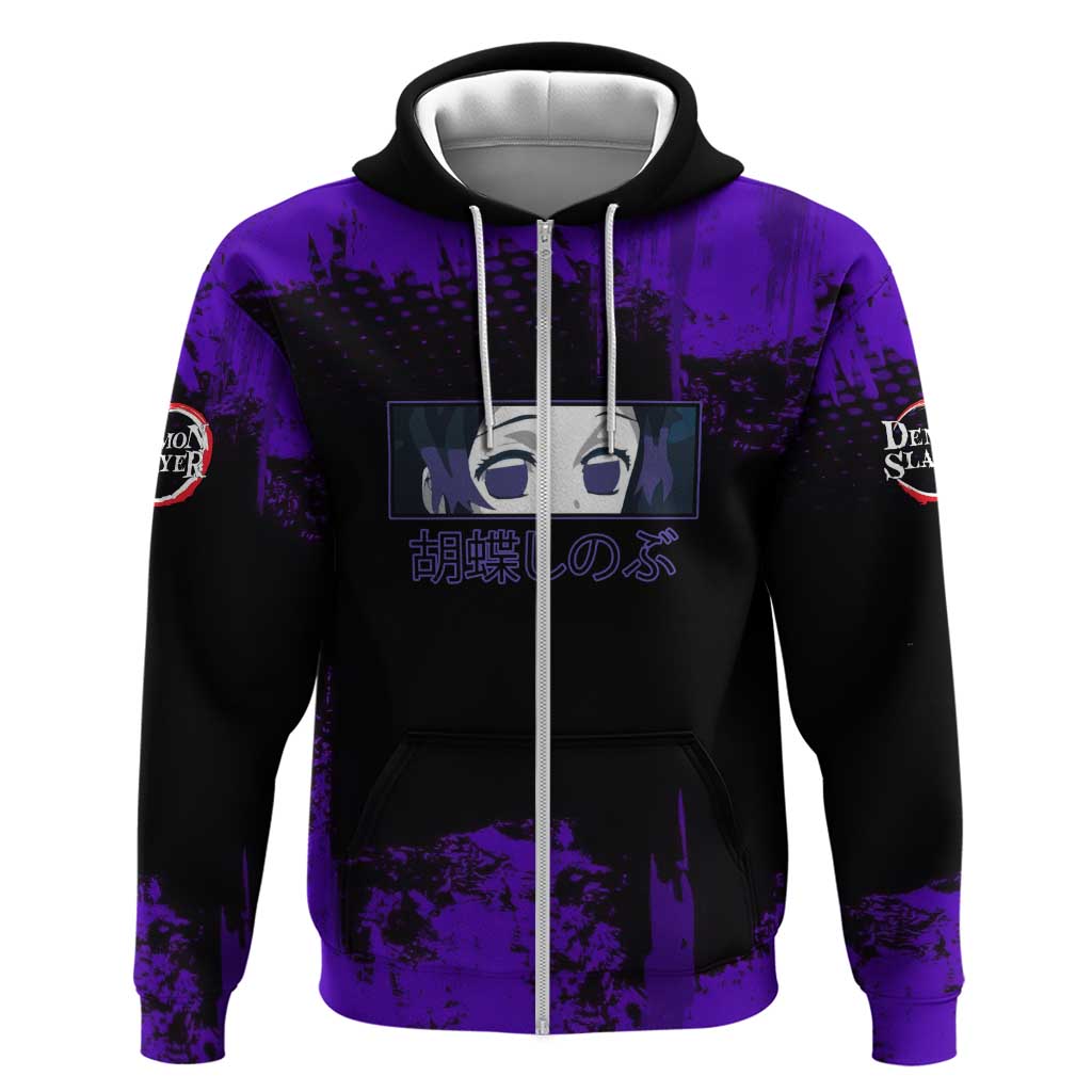Shinobu Kocho Demon Slayer Purple Grunge Design Hoodie with Butterfly Theme and Calm Expression - The Mazicc