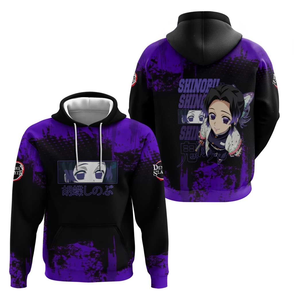 Shinobu Kocho Demon Slayer Purple Grunge Design Hoodie with Butterfly Theme and Calm Expression - The Mazicc