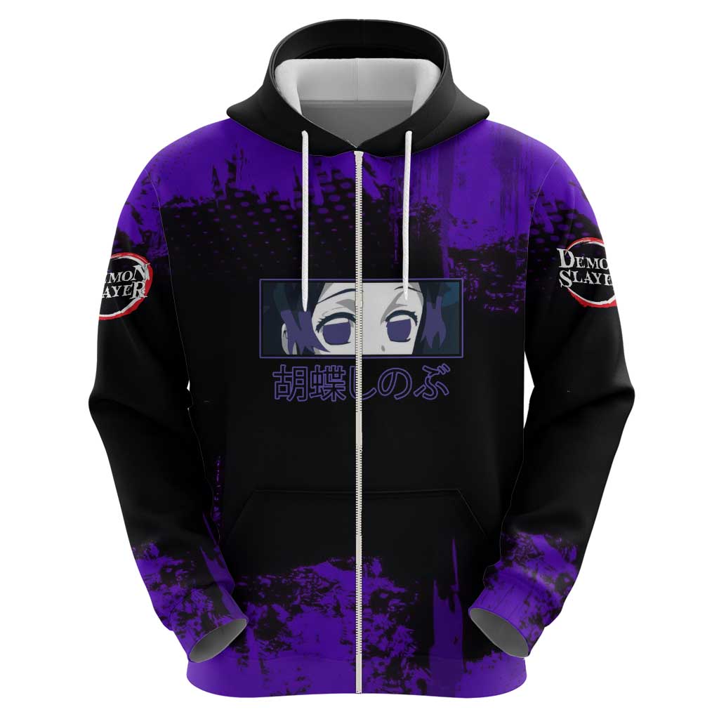 Shinobu Kocho Demon Slayer Purple Grunge Design Hoodie with Butterfly Theme and Calm Expression - The Mazicc