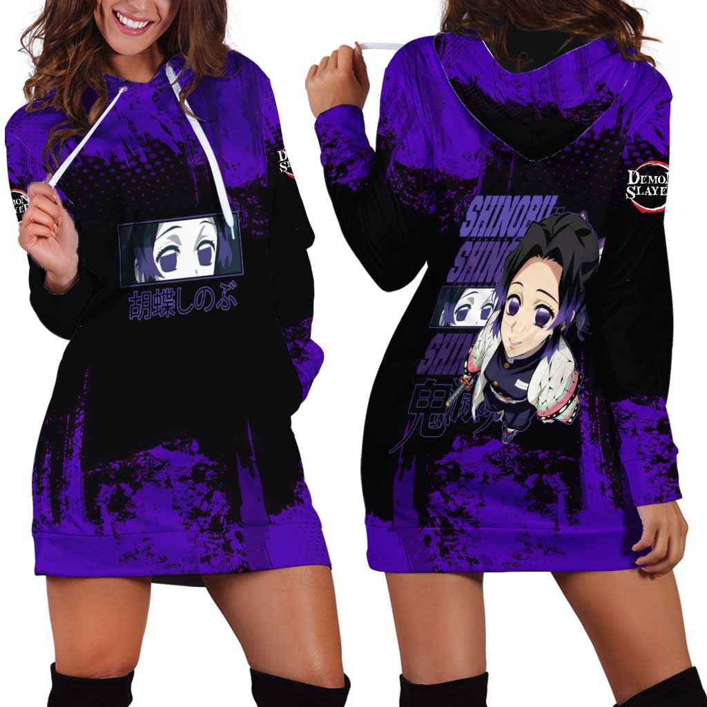 Shinobu Kocho Demon Slayer Purple Grunge Design Hoodie Dress with Butterfly Theme and Calm Expression - The Mazicc