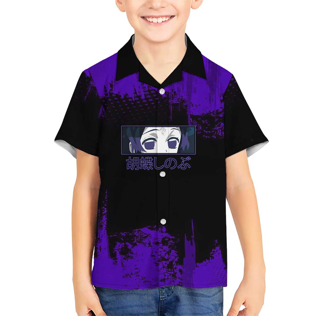 Shinobu Kocho Demon Slayer Purple Grunge Design Kid Hawaiian Shirt with Butterfly Theme and Calm Expression - The Mazicc