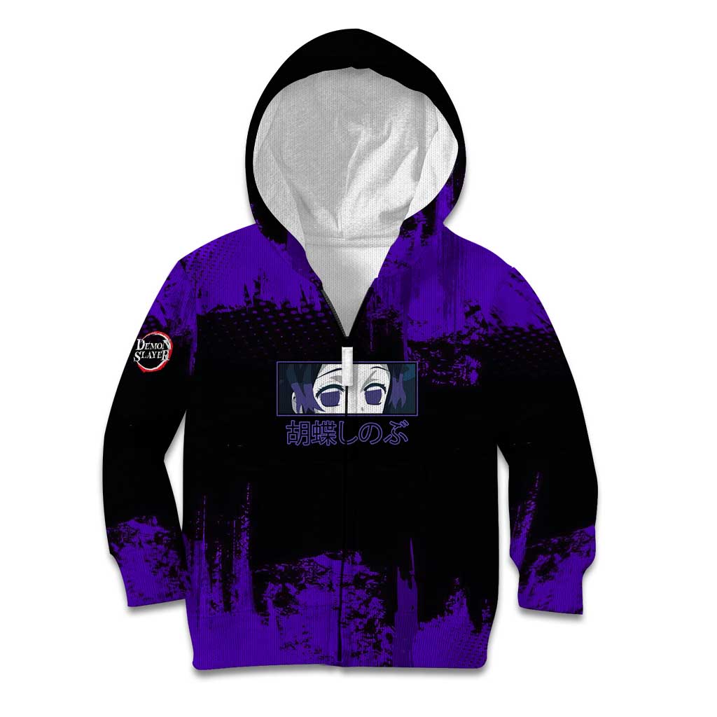 Shinobu Kocho Demon Slayer Purple Grunge Design Kid Hoodie with Butterfly Theme and Calm Expression - The Mazicc