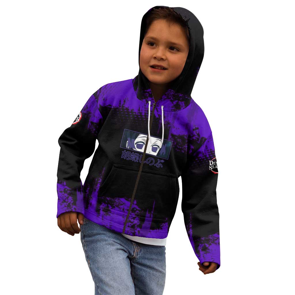 Shinobu Kocho Demon Slayer Purple Grunge Design Kid Hoodie with Butterfly Theme and Calm Expression - The Mazicc