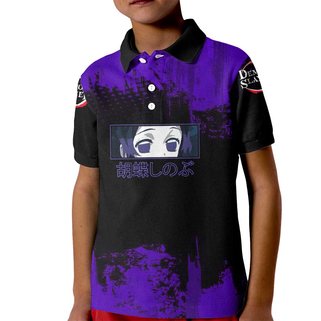 Shinobu Kocho Demon Slayer Purple Grunge Design Kid Polo Shirt with Butterfly Theme and Calm Expression - The Mazicc