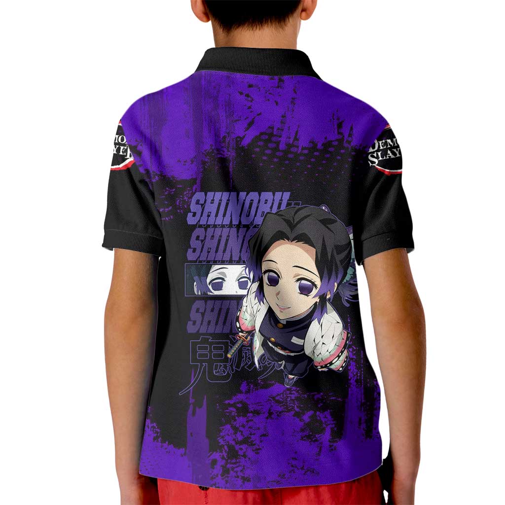 Shinobu Kocho Demon Slayer Purple Grunge Design Kid Polo Shirt with Butterfly Theme and Calm Expression - The Mazicc
