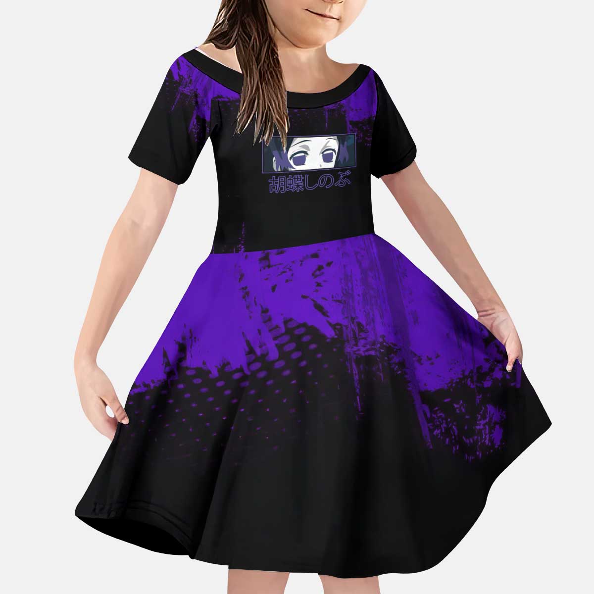 Shinobu Kocho Demon Slayer Purple Grunge Design Kid Short Sleeve Dress with Butterfly Theme and Calm Expression - The Mazicc