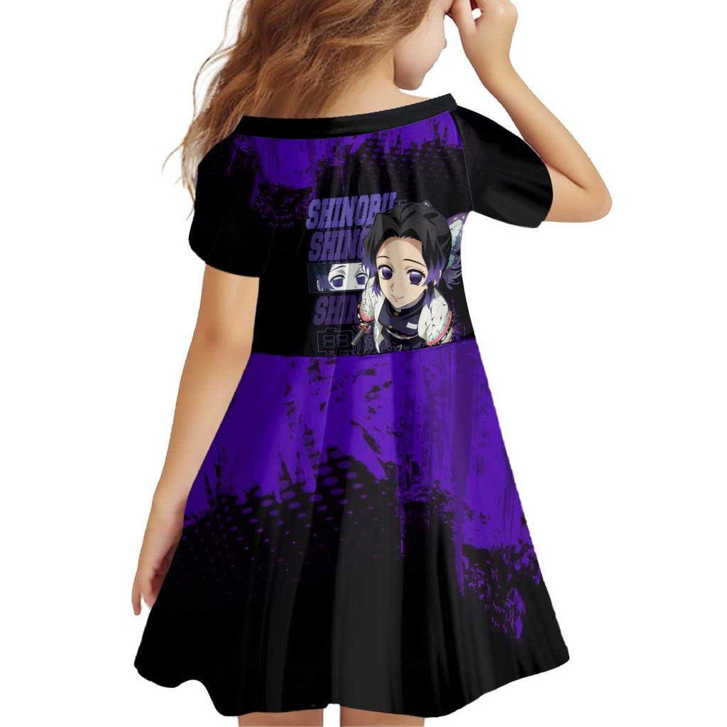 Shinobu Kocho Demon Slayer Purple Grunge Design Kid Short Sleeve Dress with Butterfly Theme and Calm Expression - The Mazicc