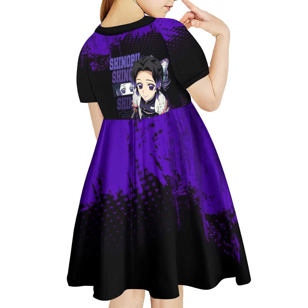 Shinobu Kocho Demon Slayer Purple Grunge Design Kid Short Sleeve Dress with Butterfly Theme and Calm Expression - The Mazicc