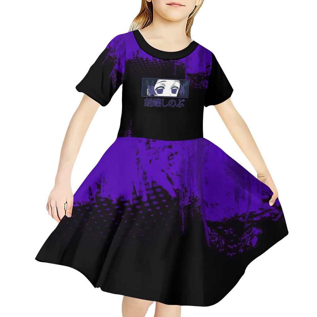 Shinobu Kocho Demon Slayer Purple Grunge Design Kid Short Sleeve Dress with Butterfly Theme and Calm Expression - The Mazicc