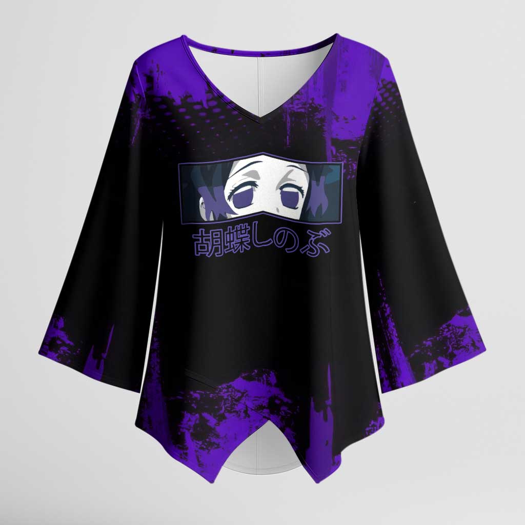 Shinobu Kocho Demon Slayer Purple Grunge Design Kimono Sleeve Blouse with Butterfly Theme and Calm Expression - The Mazicc