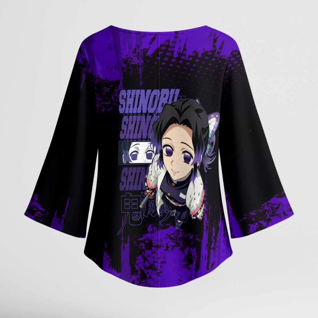 Shinobu Kocho Demon Slayer Purple Grunge Design Kimono Sleeve Blouse with Butterfly Theme and Calm Expression - The Mazicc
